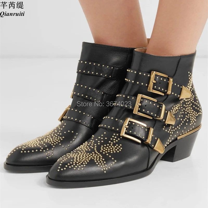 

Qianruiti Spring Fall Susanna Studded Leather Ankle Boots Women Chunky Block Heel Gold Silver Studs Buckled Straps Chic Shoes