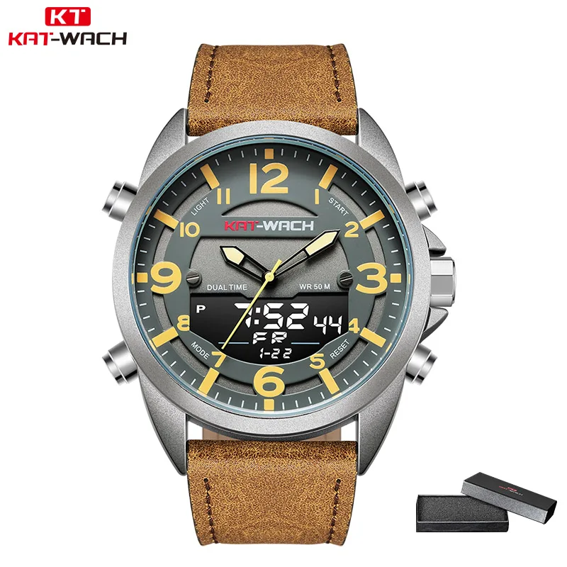 KT1818coffegrey KT Роскошные мужские часы Топ бренд кожаные часы Мужские кварцевые аналоговые цифровые водонепроницаемые наручные часы большие часы Klok KT1818 - Цвет: KT1818coffegrey