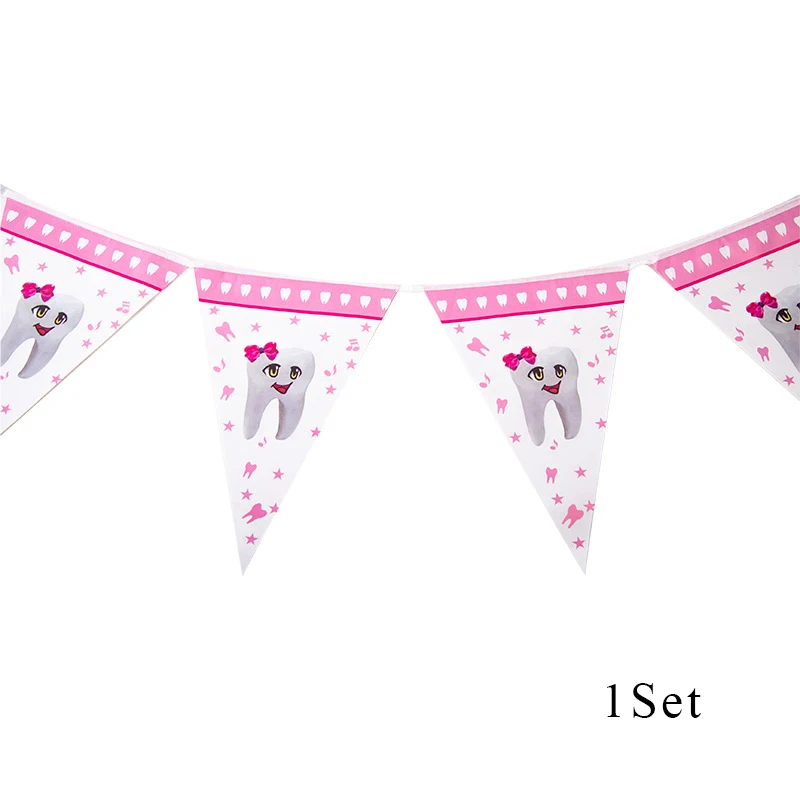 Pink pennant x 1set Вечерние украшения для девочек и мальчиков с изображением моего первого зуба, бумажный стаканчик, тарелка розового и синего цвета для вечеринки в честь Дня рождения детей, AH44 - Цвет: Pink pennant x 1set