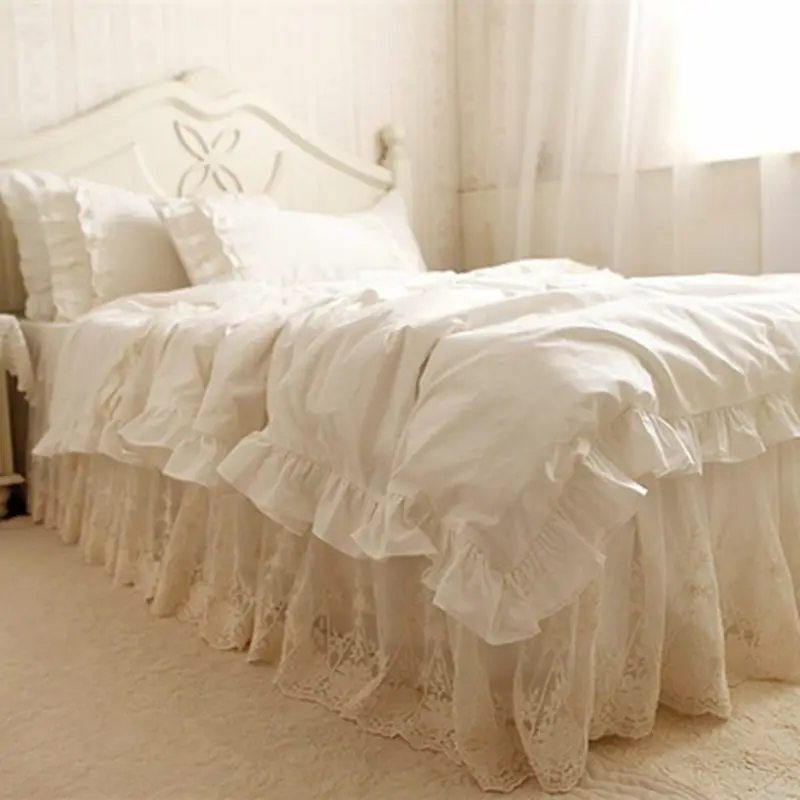 

Top European Style Bedding Set Ruffle Cake Layer Duvet Cover Quilt Cover Elegant Lace Embroidered Bedspread Bed Skirt Pillowcase