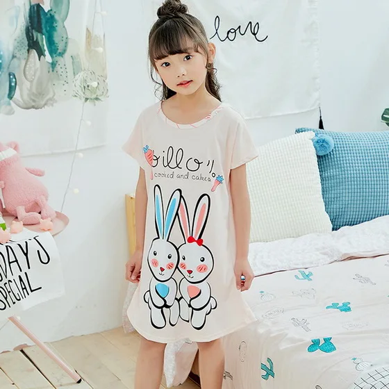 Hot sale Short sleeve girl's Nightgown Summer Cartoon night dress kids pajamas Knitted cotton children Homewear sleepwear ZP22 | Мать и