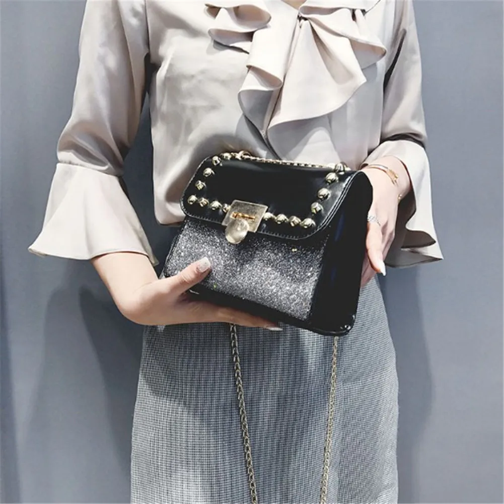 Шикарный Для женщин плечо Cross-body цепи мешок моды заклепки сумка блестка клапаном