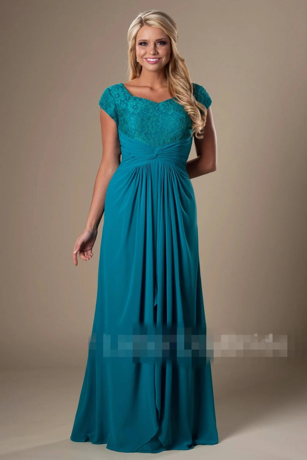 Бирюзовый Винтаж кружево шифон Скромные платья для подружки невесты 2019 с Кепки