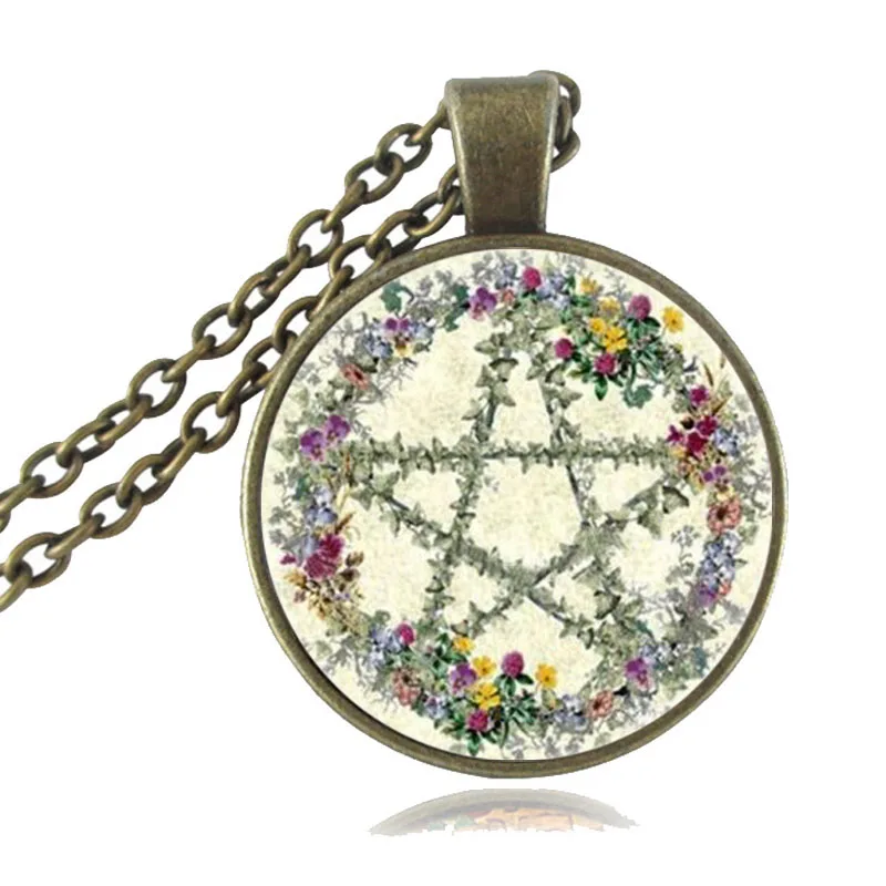 Пентаграмма ожерелье зеленое растение ротанговое дерево кулон Wiccan звезда Пентакль ювелирные изделия оккультная Подвеска стеклянная цепь из кабошона ожерелье HZ1 - Окраска металла: 4