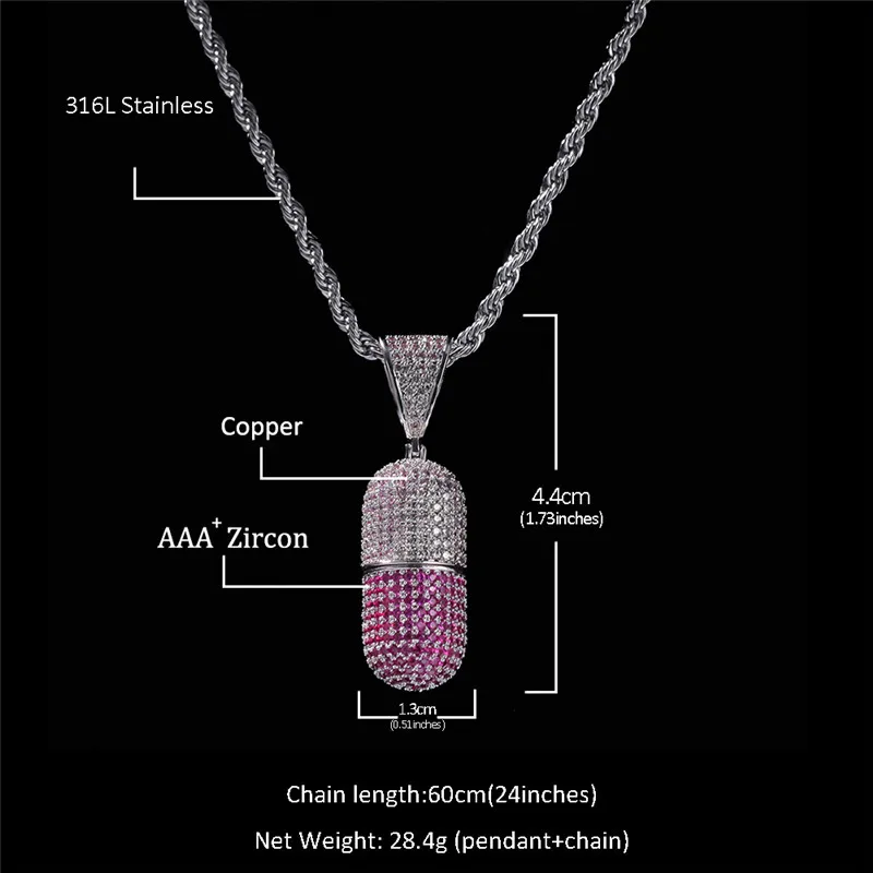 Iced Out цветные таблетки кулон ожерелье с цепочкой AAA циркон 3 цвета мужские ожерелье Новое поступление Мода хип хоп ювелирные изделия