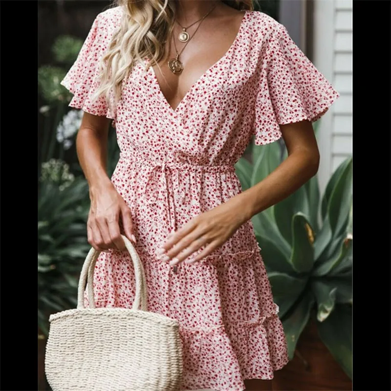Новое модное женское платье с коротким рукавом и цветочным принтом Boho Летнее