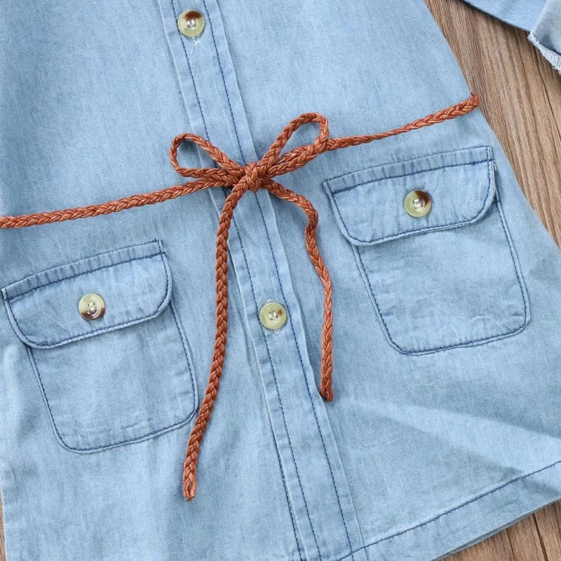 2017 Fashion New Baby Girls Lovely Long Sleeve Turn-Down Collar Sashes Denim Knee-Length Princess Dress Outfit Autumn 2-7Y | Детская