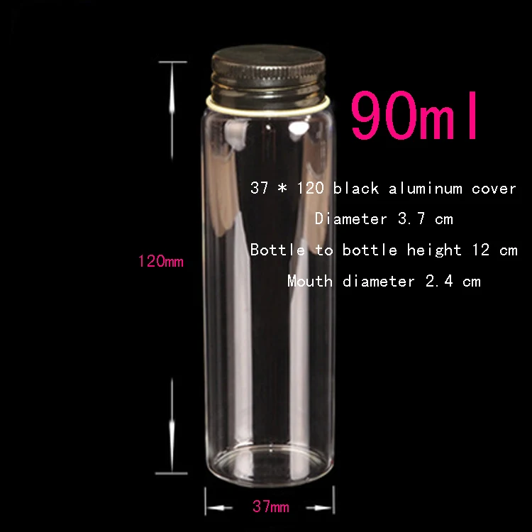 Capacity 90ml(3.7*12*2.4cm) 50pcs/lot black Aluminum cap glass bottle , Glass Bottles with cap, mini Glass Bottles