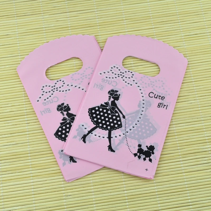 

100pcs Pink girl with Dog Color Small Plastic Bag 9x15cm Candy Jewelry Gift Packaging Bags Cute Plastic Gift Bags With Handle
