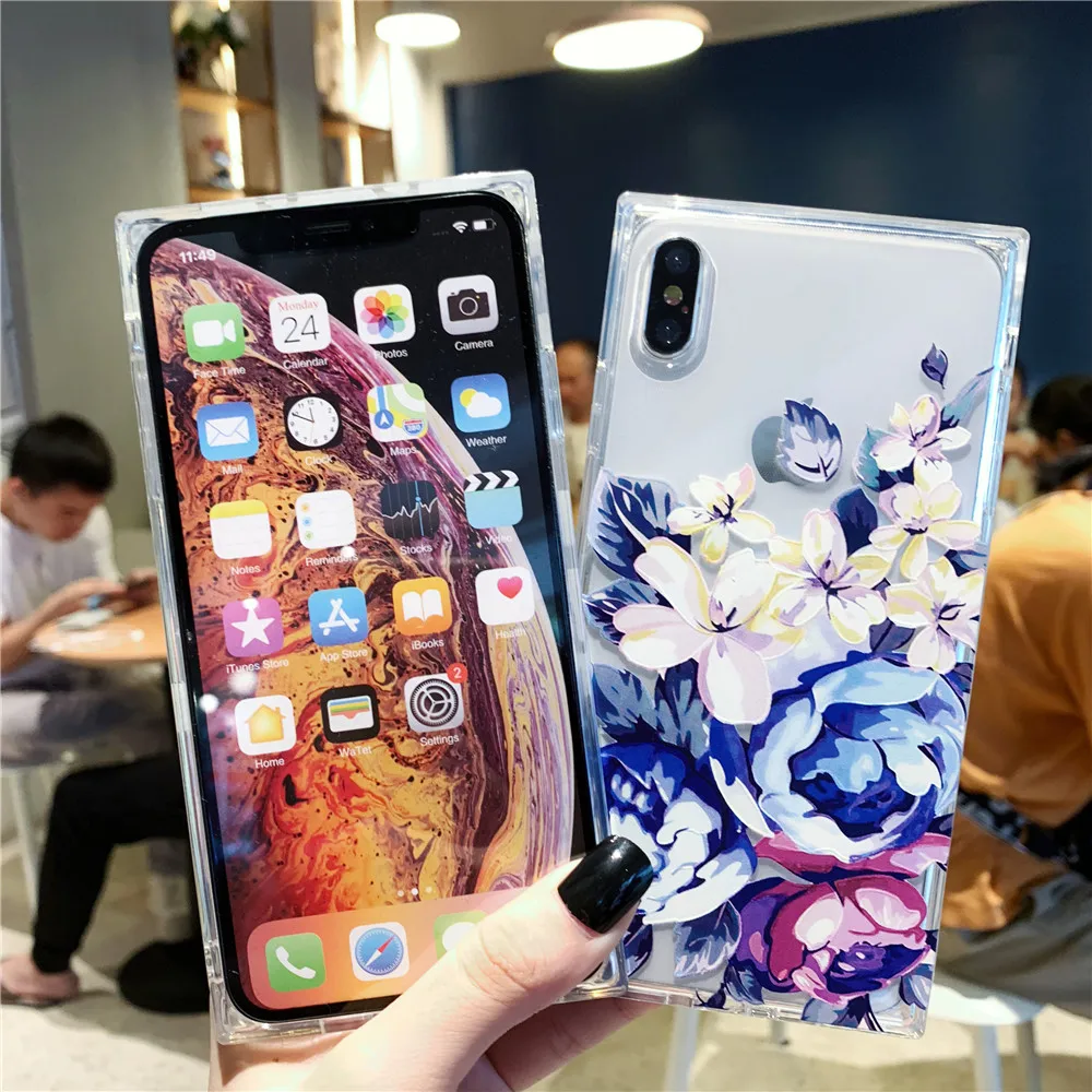 Прозрачный квадратный тиснение Ретро цветок чехол для iPhone X XS MAX XR 8 7 6 S плюс Чехол