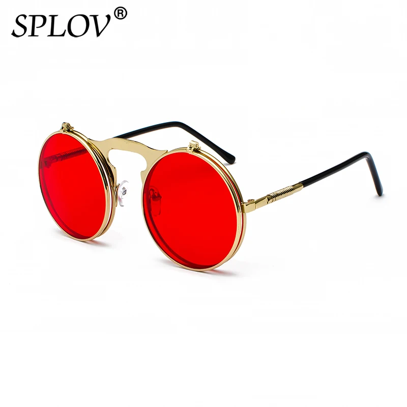 C10GoldRed SPLOV, Ретро стиль, стимпанк, флип, солнцезащитные очки, Ретро стиль, круглая металлическая оправа, солнцезащитные очки для мужчин и женщин, фирменный дизайн, круглые очки Oculos - Цвет линз: C10GoldRed