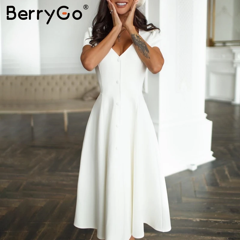 BerryGo Элегантное летнее белое платье женское Винтажное с коротким рукавом на