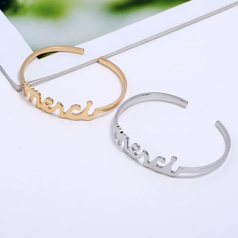 Doreen Box Copper Open Cuff Bangles For Women Party Bracelets Gold Color French Message &quot Mercy 6cm(2 3/8&quot) Dia. 1 Piece | Украшения