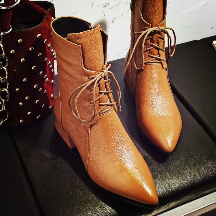 2019 новые женские ботильоны весна осень острый носок шнуровка модная черная