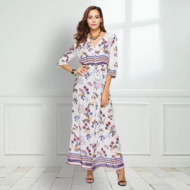 Платье-Макси женское длинное с цветочным принтом V-образным вырезом | Женская