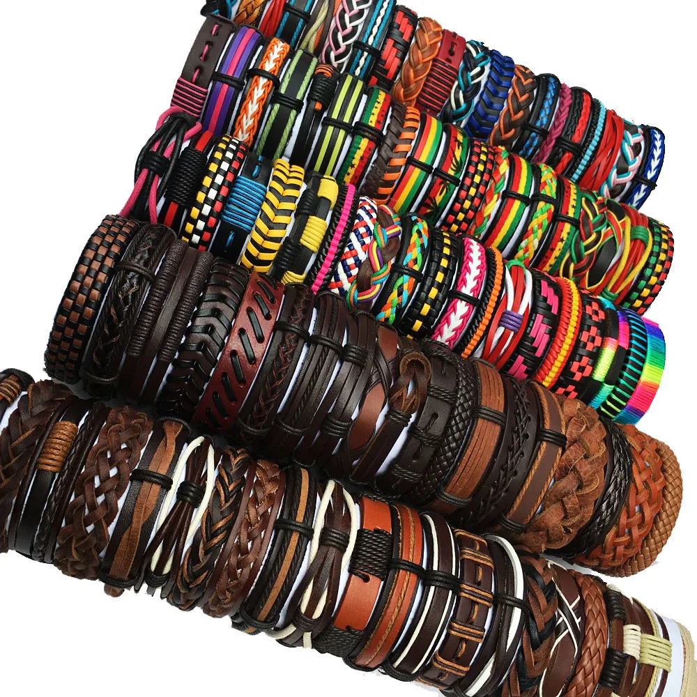 

Wholesale Sets Random 50Pcs Multi-color Mix Styles Braided Ethinc Tribal Leather Bracelets For Men Women MX16