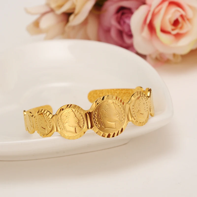 

Dubai Gold coin cuff Bangle bracelet women girl Bracelet african Children Bairn Jewelry men mideast Arab Gift