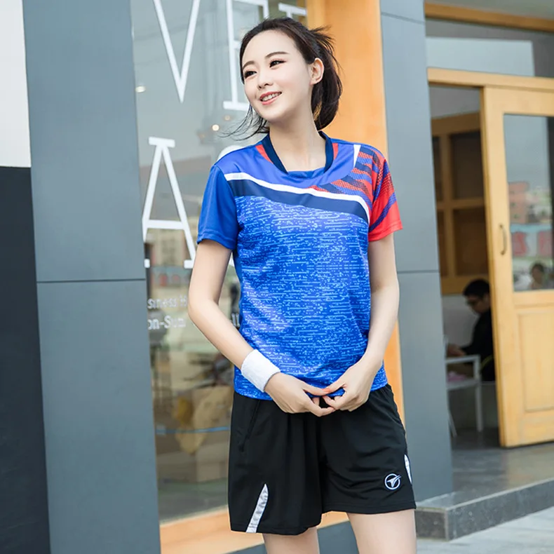 women blue shirt Кофта для бадминтона с коротким рукавом костюм для бадминтона для пар спортивные теннисные шорты юбки Спортивная одежда для игры в настольный теннис, футболка - Цвет: women blue shirt