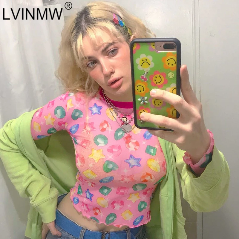 LVINMW, Повседневный, круглый вырез, принт, сетка, прозрачный, с рюшами, короткий топ, лето, для женщин, длинный рукав, тонкая футболка, женская уличная одежда, тройники