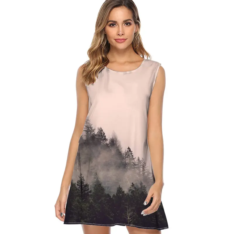 Pretty pink glitter dress for women Print Casual Chiffon Dress Sleeveless O neck Cute Summer Dress mini fashion Beach Dress