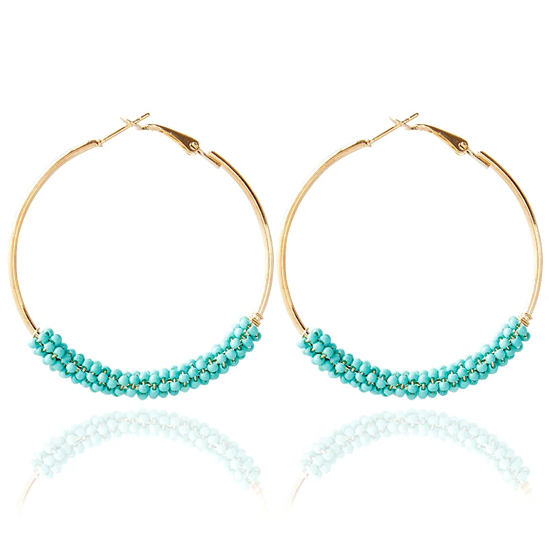 YUKAM Boho, большие преувеличенные серьги с круглой петлей, круглые креольские серьги-кольца, Золотое семя, женские серьги с бусинами, ювелирные изделия ручной работы - Окраска металла: Blue