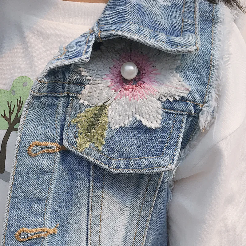 Детские джинсовые жилетки Весенняя хлопковая куртка с цветочной вышивкой