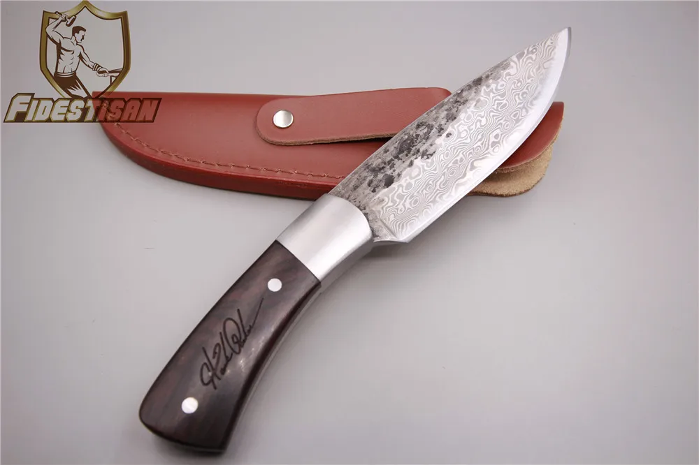 Ручной работы Дамасская сталь прямой нож Ebony Ручка узор Многофункциональный