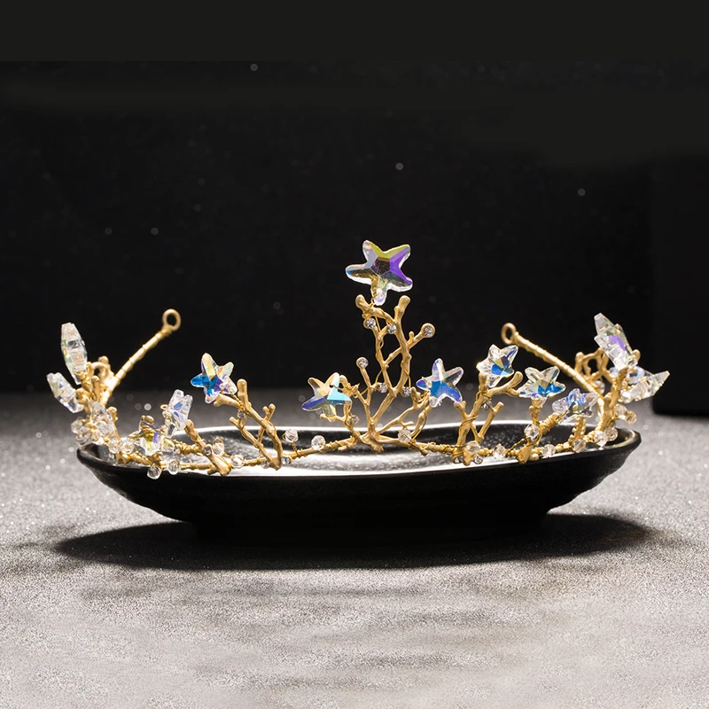 Ручная работа Золотой горный хрусталь звезда стеклянная бусина тиара цветочный