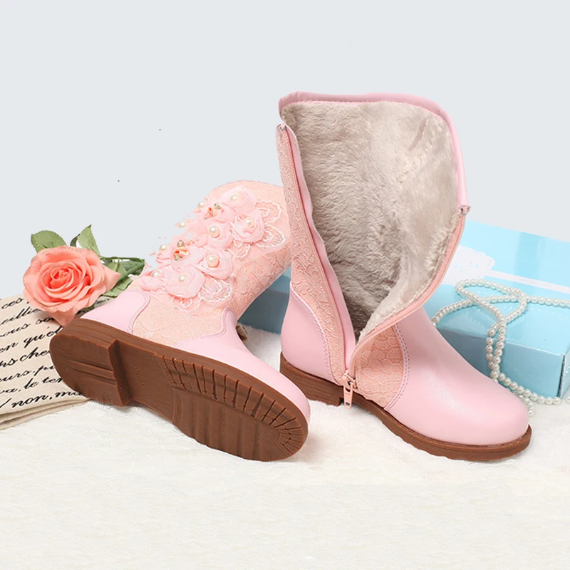 Зимние сапоги для маленьких девочек Украшенные бусинами на каблуке с цветочным