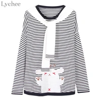 lychee spring autumn women sweater cartoon stripe lace up knitted casual long sleeve pullover