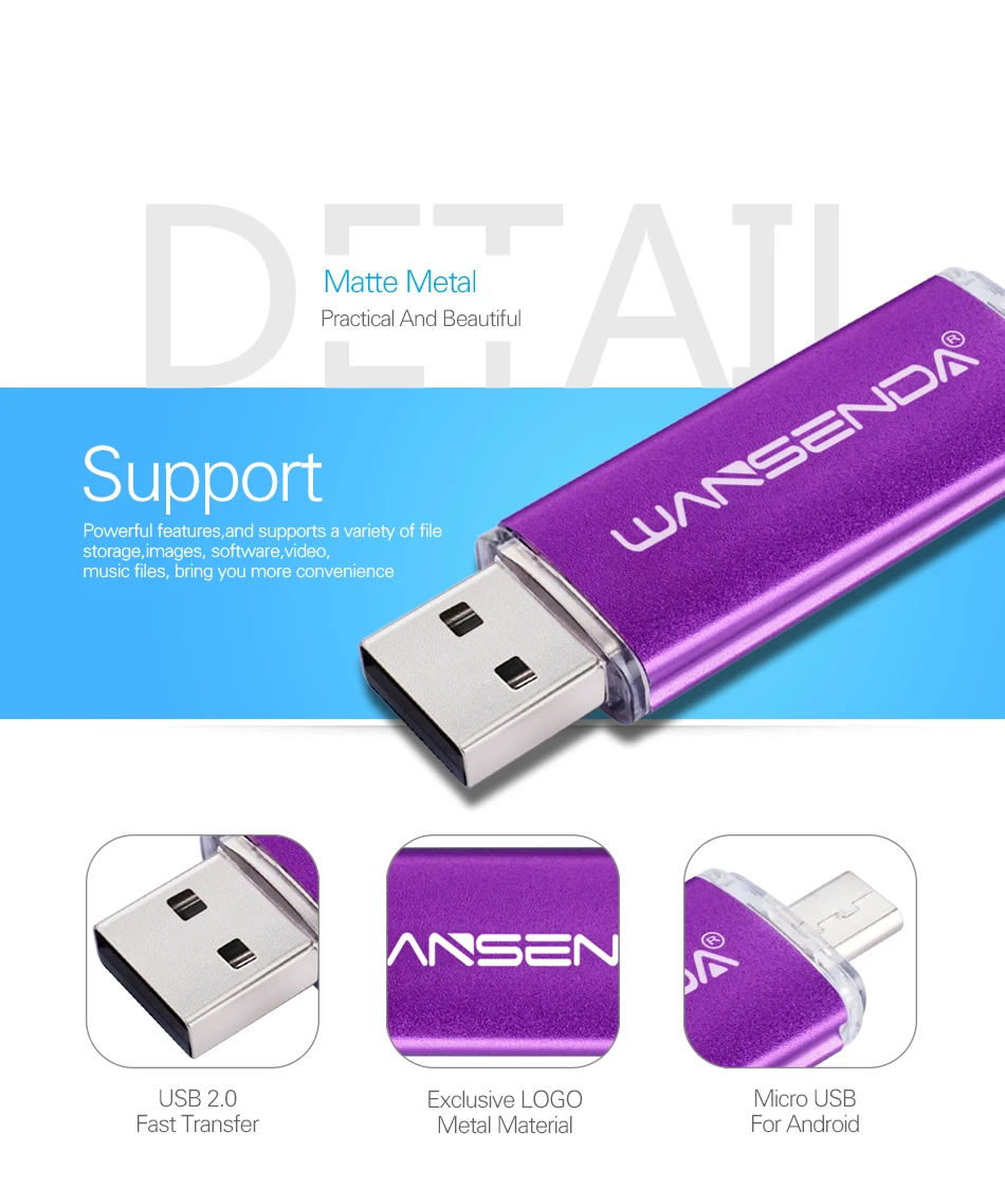 WANSENDA OTG usb флеш-накопитель 128 ГБ 256 ГБ micro usb флеш-накопитель 16 ГБ 32 ГБ 64 Гб 2 в 1 флеш-накопитель для смартфонов/ПК