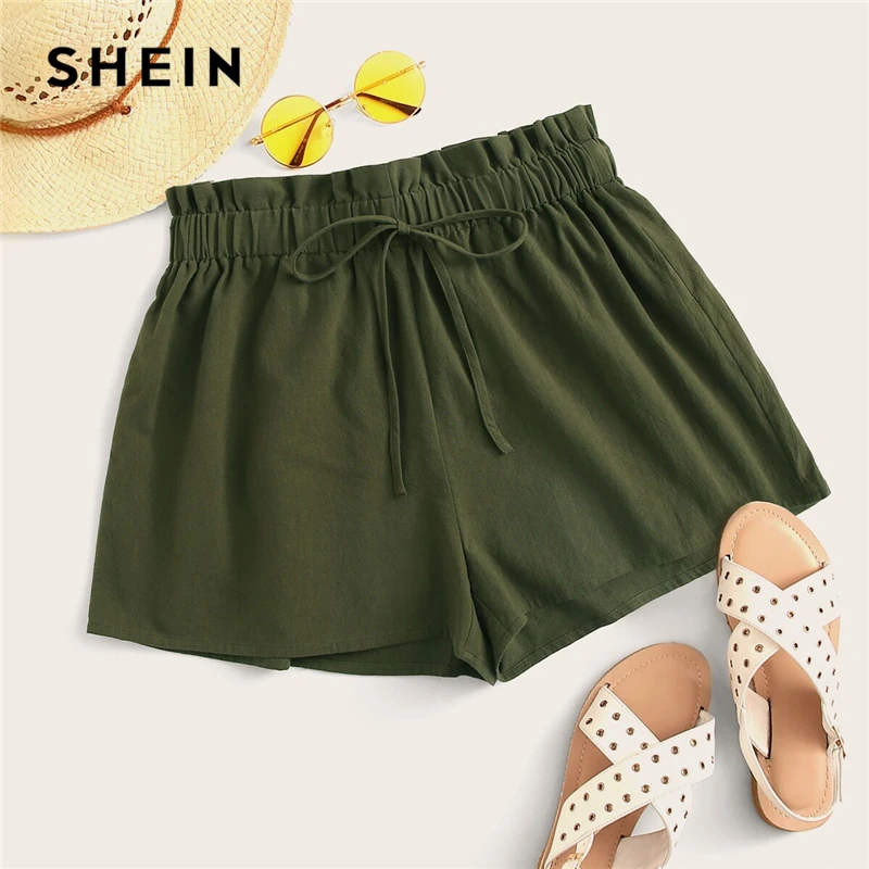 SHEIN женские летние шорты с высокой талией и широкими штанинами, черный, армейский зеленый цвет, новинка