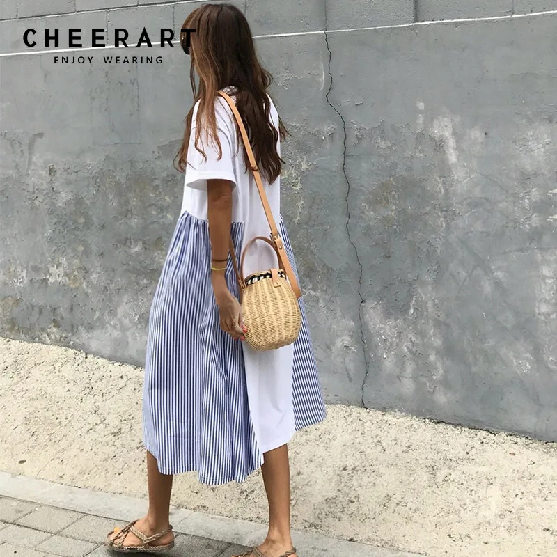 Летнее Свободное длинное платье Cheerart в полоску женское лоскутное качели