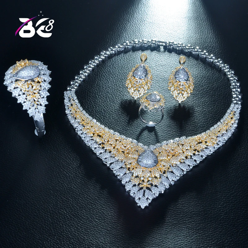 

Be 8 Brilliant Cubic Zirconia 2tones Wedding Jewelry Set Flower Leaf Eye Shape Africa Luxury Bridal 4pcs Set Festival Dress S268