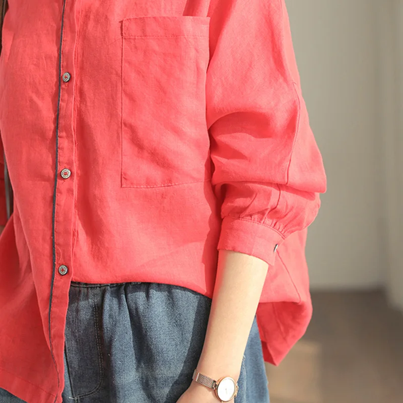 Новинка 2020 года. Однотонные весенние женские льняные блузки с длинным рукавом и