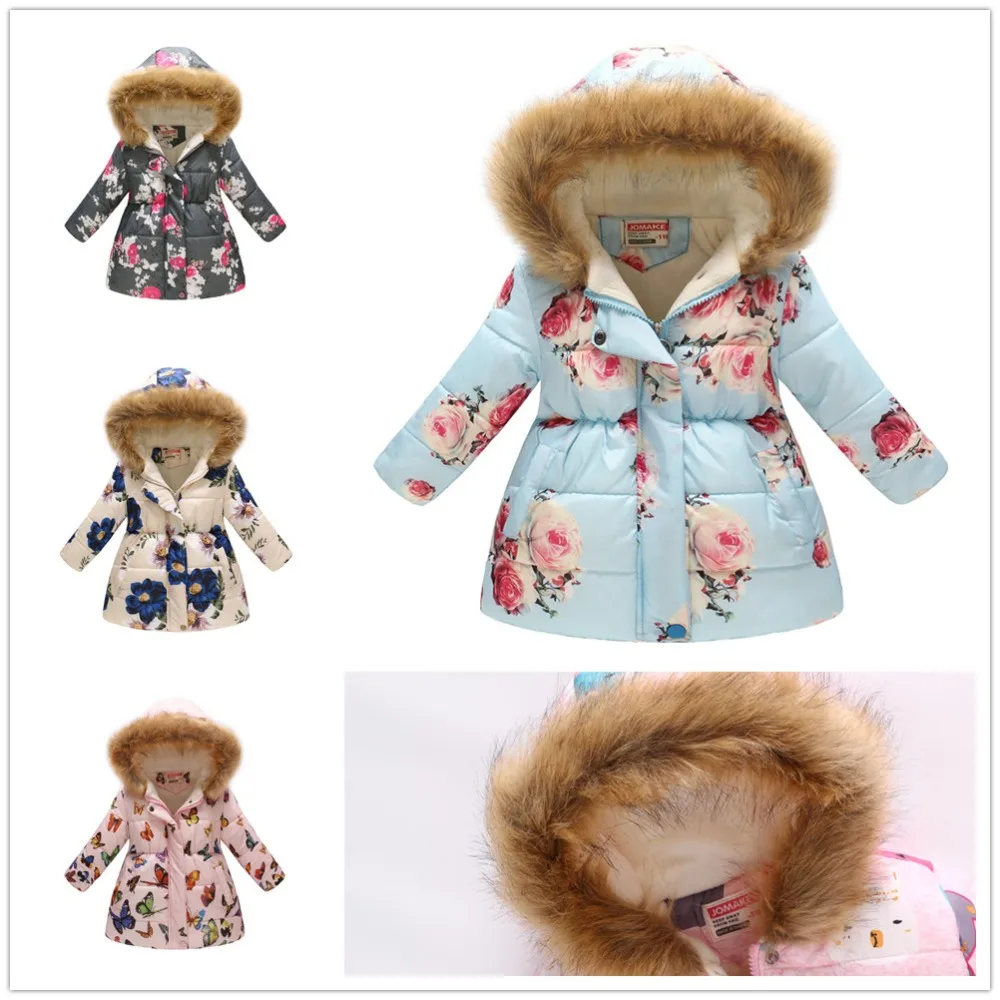

Rose Winter Girls Coat Fleece Children Clothes Baby Girl Down Jacket Hooded Long Outfits Flower Kids Windbreaker Overcoat 4-11Y