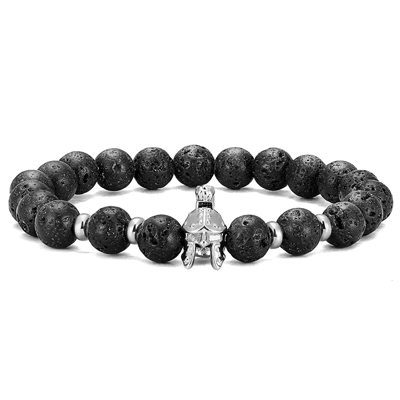 LIVVY Модные мужские Спартанские циркониевый Шлем Воин браслет из черной лавы рок