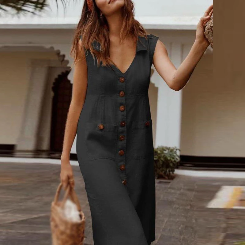 Летнее платье женское с карманами и пуговицами Повседневное без рукавов