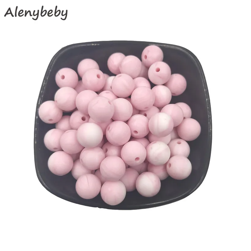 Marble pink 100pc силиконовый для детей для прорезывания зубов бусины 15 мм безопасный пищевой Клас Уход жевательные круглые Без БФА, силиконовый бисер зубное кольцо для ребенка ожерелье - Цвет: Marble pink
