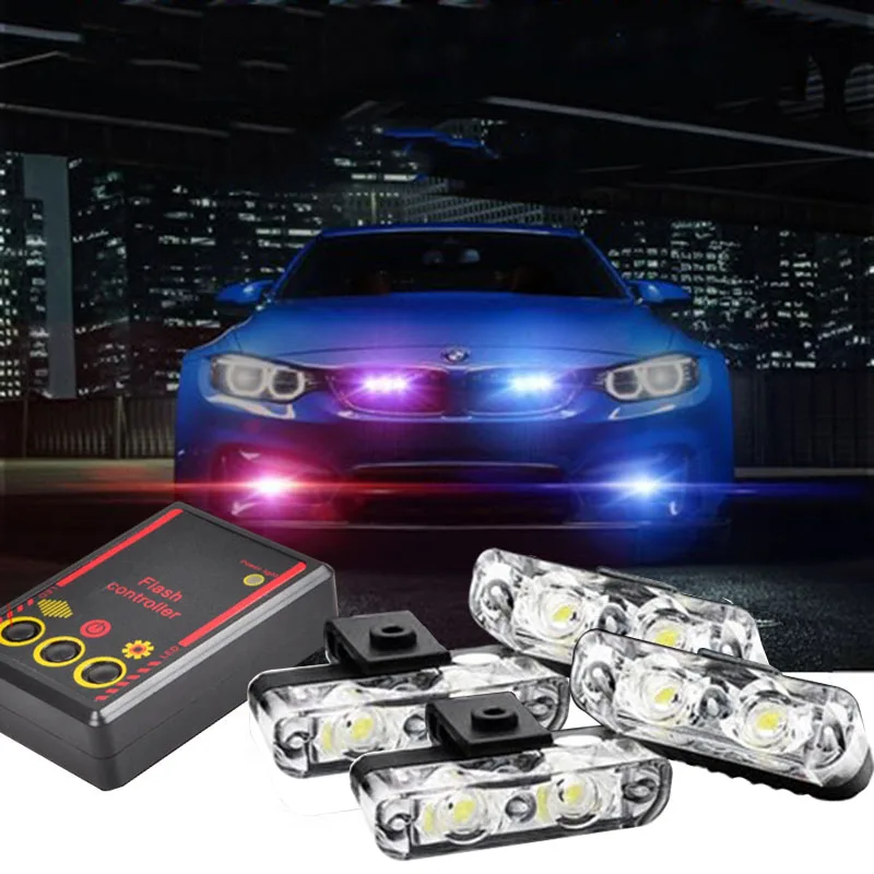 1Set 4 IN 1 led flashing Mini Emergency Vehicle LED Warning Lights 12V Waterproof Red and blue light police strobe | Автомобили и