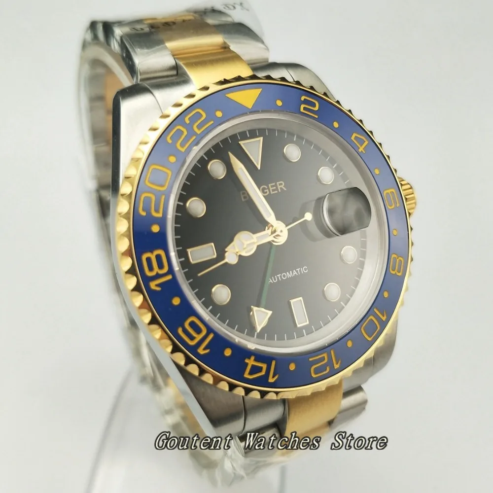 40 мм Bliger GMT Silver SS. Желтый золотой чехол браслет черный циферблат сталь
