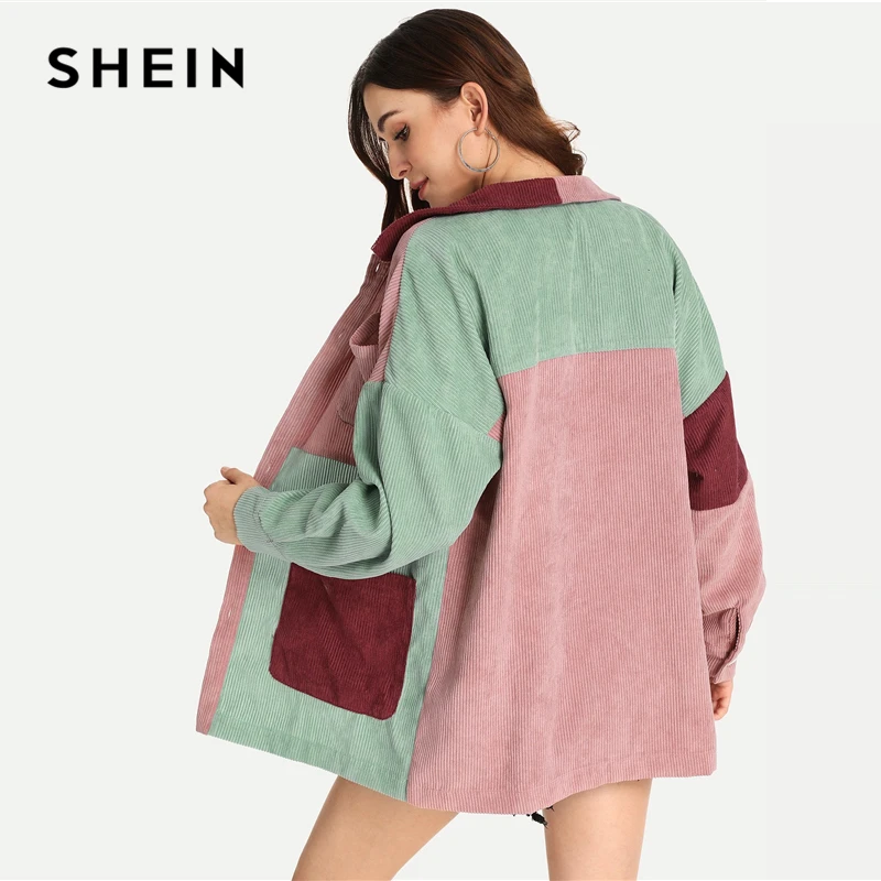 SHEIN Вельветовая Куртка С Контрастными Вставками Длинная Модная Куртка