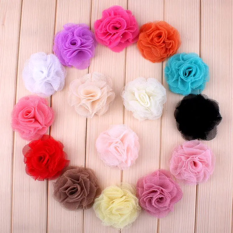 

(30pcs/lot)2.4" 15 Colors Newborn Mini Crochet Shabby Chiffon Flower Accessoreis Fashion Tulle Mesh Flowers For Kids Headband