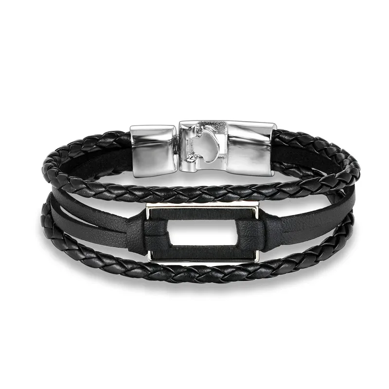 Silver Black Брендовые Модные прямоугольные круглые аксессуары из дерева Браслеты для женщин и мужчин ювелирные изделия Многослойные Кожаные Подвески браслет и браслет femme - Окраска металла: Silver Black