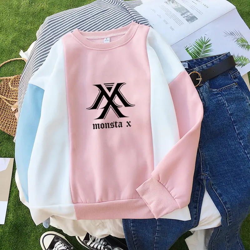 pink MONSTA X толстовки осень для женщин Koren Kpop с длинным рукавом реглан Harajuku повседневное Kawaii Colorblock сплайсинга толстый Свитшот - Цвет: pink