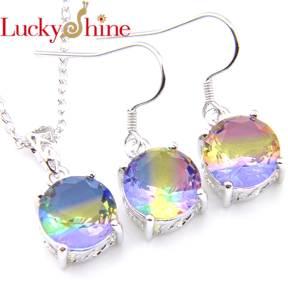 

Luckyshine 2 Pcs/Lot Wedding Jewelry Set Round Rainbow Bi Colored Tourmaline Gems Silver Plated Pendants Necklaces Earring Set