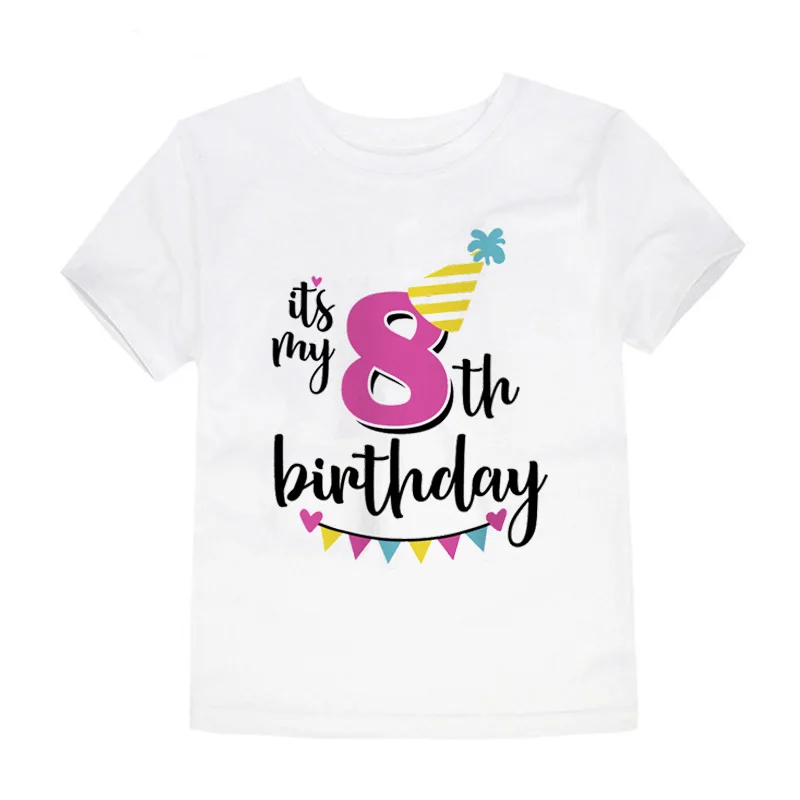White-H Забавные принты с надписями, футболка с надписью «Happy Birthday Number» для детей 1-8 лет, летние белые топы для маленьких девочек, футболка с номером для дня рождения - Цвет: White-H