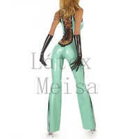 sexy 100 natural latex zentai womens jumpsuit with back lace up decorations in light blue color