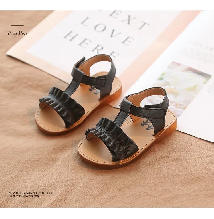 Детские сандалии модные кожаные летние для девочек обувь принцессы с оборками