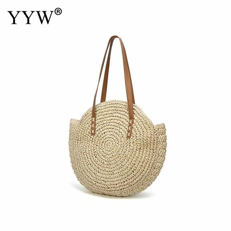 

Bohemian Summer Straw Beach Bag Travel Shopping bag Handmade Round Woman'S Shoulder Handbag 2019 Female Tote Wicker Bags
